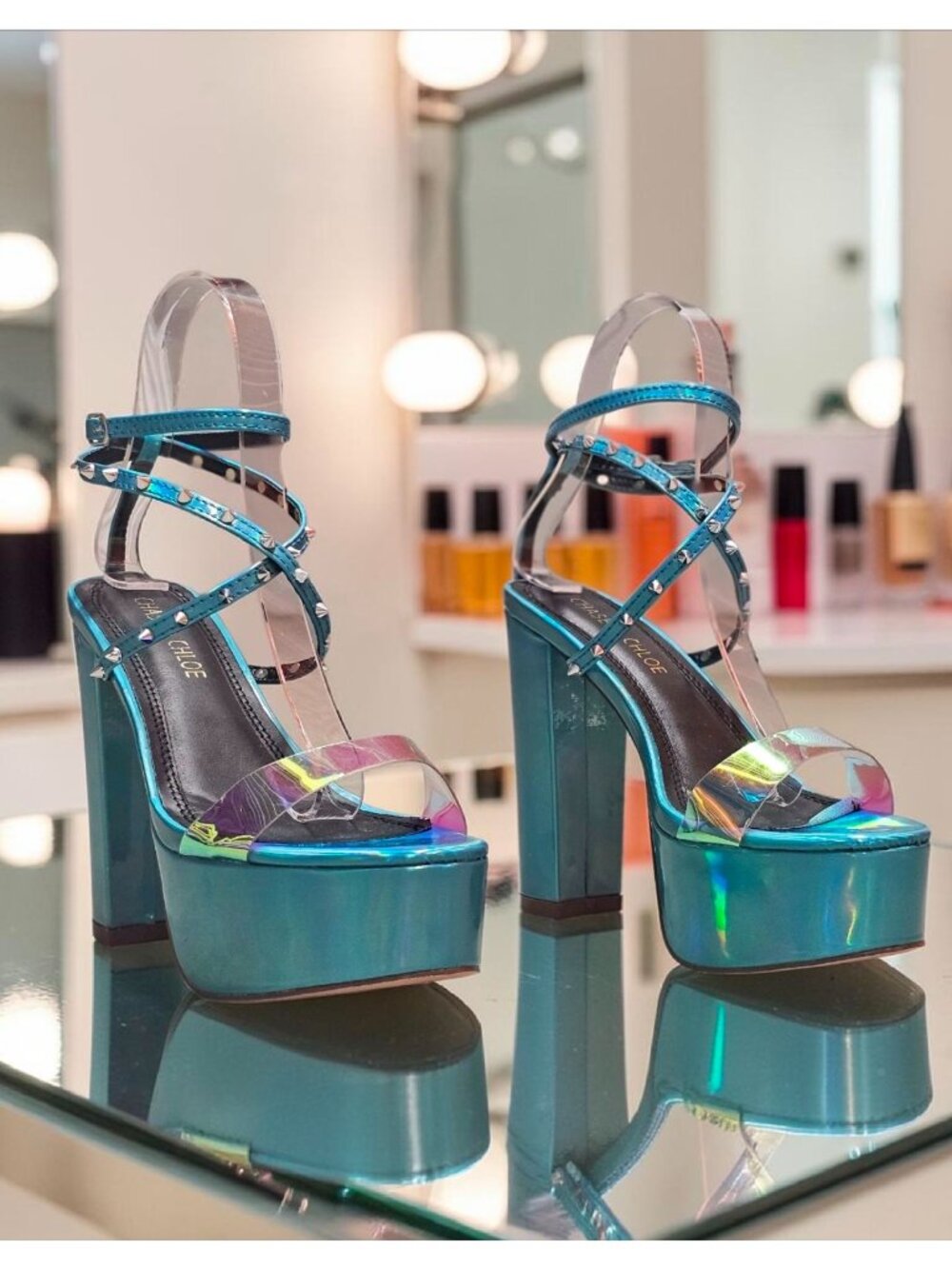 Holographic Blue Platform High Heel Sandals With Clear Strap & Studded Accents O